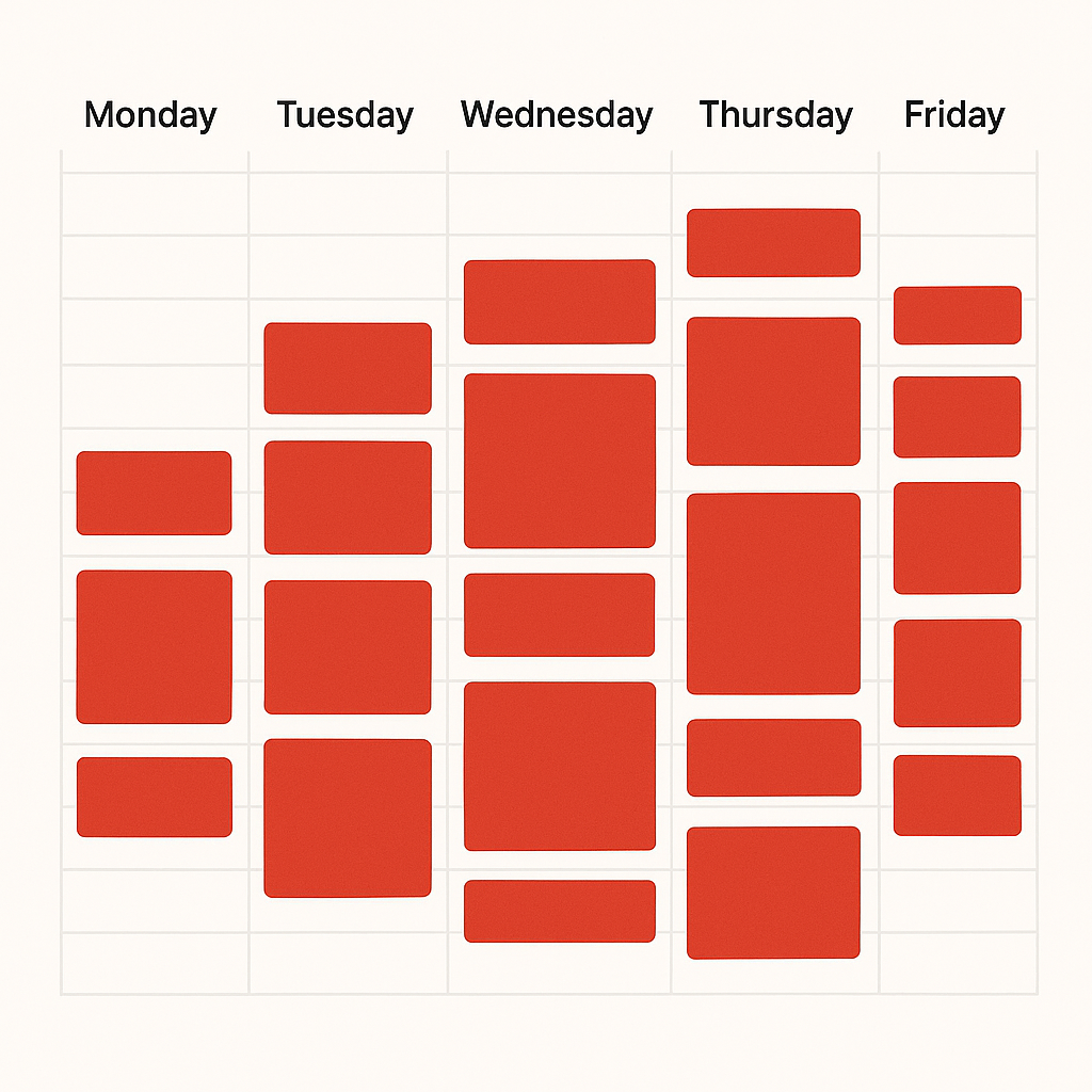 Calendar filled with red meeting blocks representing meeting overload